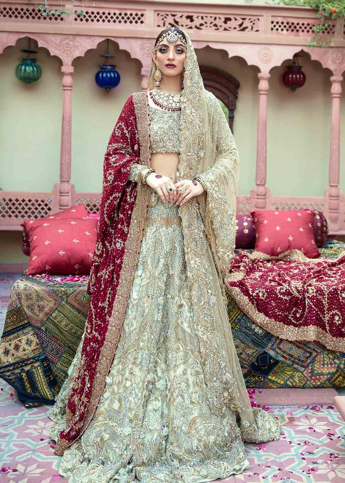 Fabulous Designer Pakistani Bridal Lehnga Choli in Embellished Zardozi Worked White Lehenga with Red Dupatta in Net Chiffon BN925