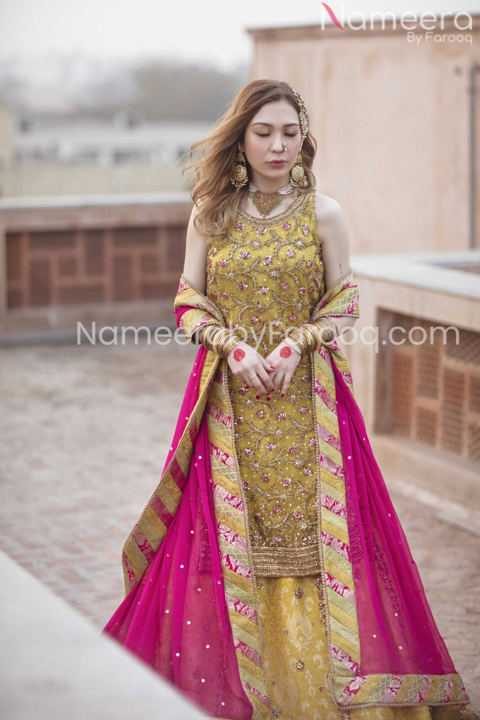 Buy Pakistani Designer Fancy Dress in Mustard Color – Nameera by Farooq