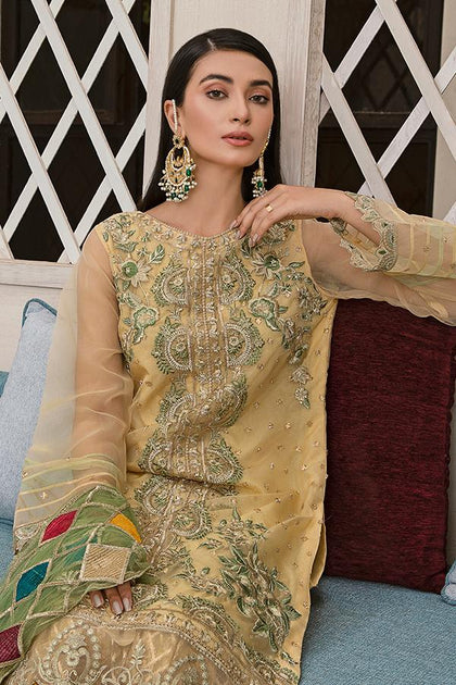 Deepak Perwani Pakistani Sharara in Golden Color Online 2021 – Nameera ...